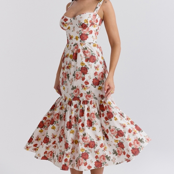 HOUSE OF CB Elia Italian Rose Print Cotton Midi Sundress - Picture 1 of 6
